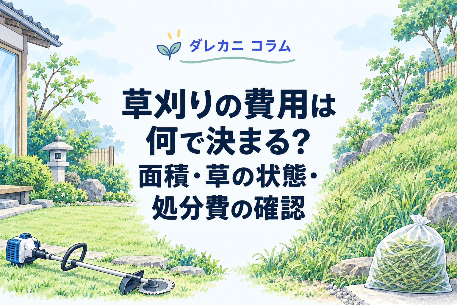 草の面積や状態、処分方法による草刈り費用の違いを表したイラスト