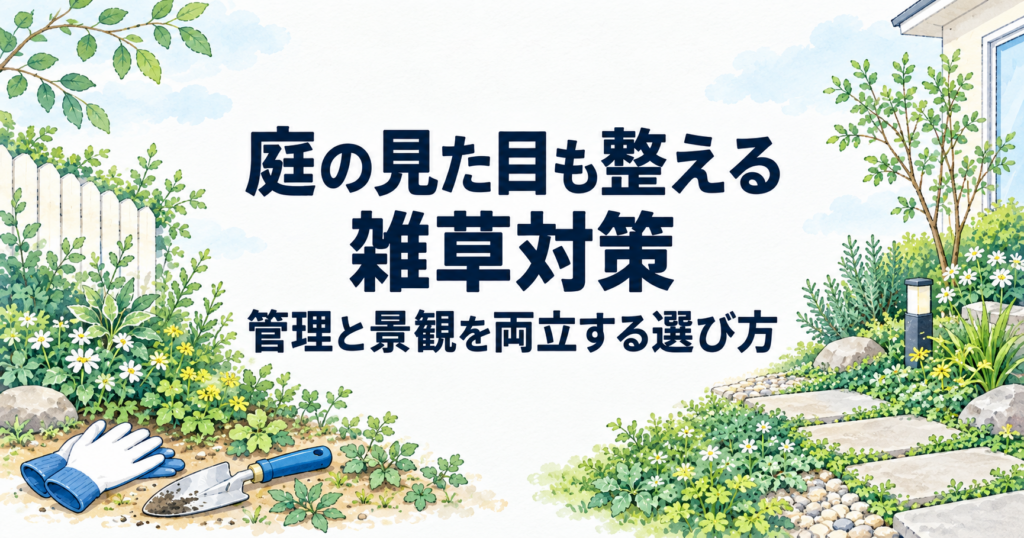 庭の景観に合わせて雑草対策を選ぶ様子を表した水彩イラスト