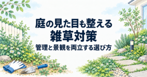 庭の景観に合わせて雑草対策を選ぶ様子を表した水彩イラスト