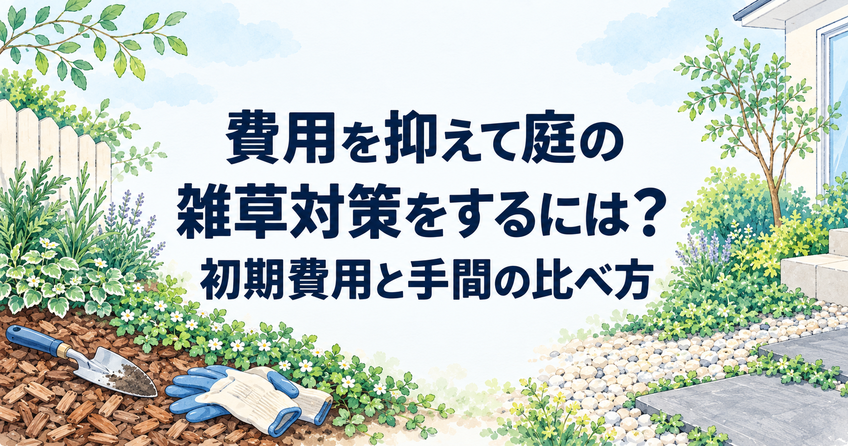 庭の雑草対策の費用を抑える方法を表した水彩イラスト