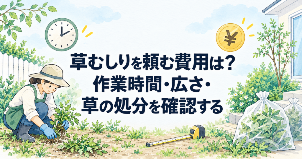 草むしりの料金と見積もり項目を確認する様子を表した水彩イラスト