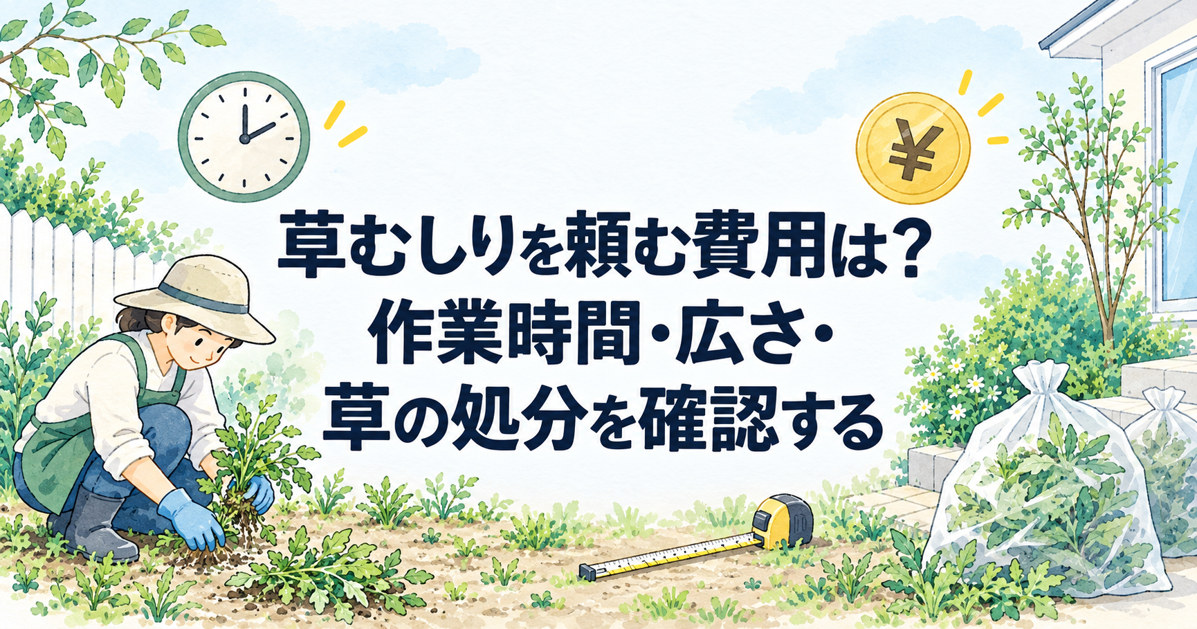 草むしりの料金と見積もり項目を確認する様子を表した水彩イラスト