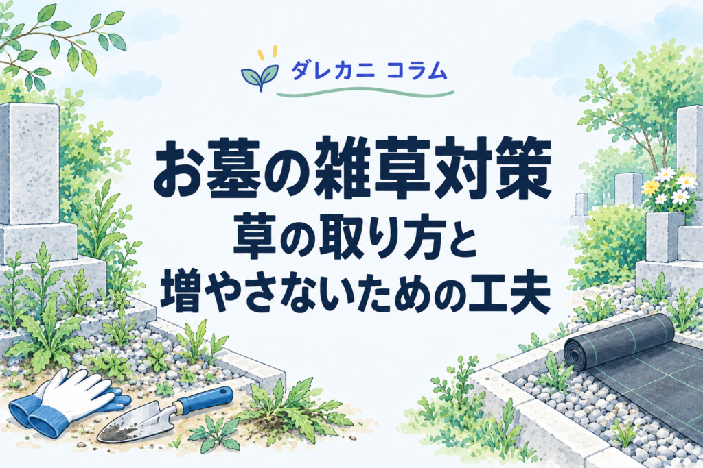 お墓の雑草対策を案内する、墓石の周囲の草・砂利・防草シートのイラスト