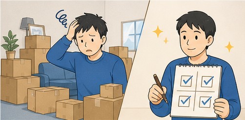 引っ越し準備に追われる状態から、作業を4つに整理する様子