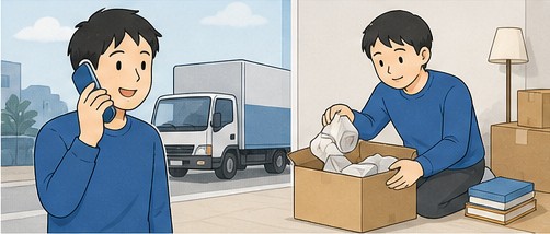 1週間前に回収予約を行い、使わない物から箱詰めする様子