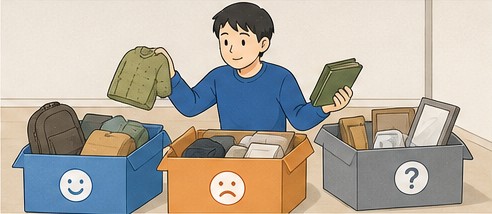 荷物を運ぶ、処分する、保留するの3種類へ分ける様子