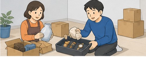 依頼者と片付けスタッフが確認しながら荷物を仕分ける様子