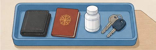 財布、本人確認書類、薬、鍵をまとめて確保したトレー