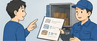 不用品の引渡し方法を書面で確認する依頼者と作業スタッフ