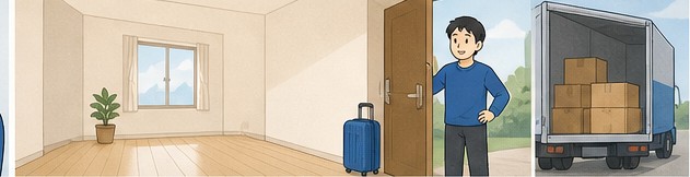荷物の搬出が完了し、きれいになった部屋を確認する様子